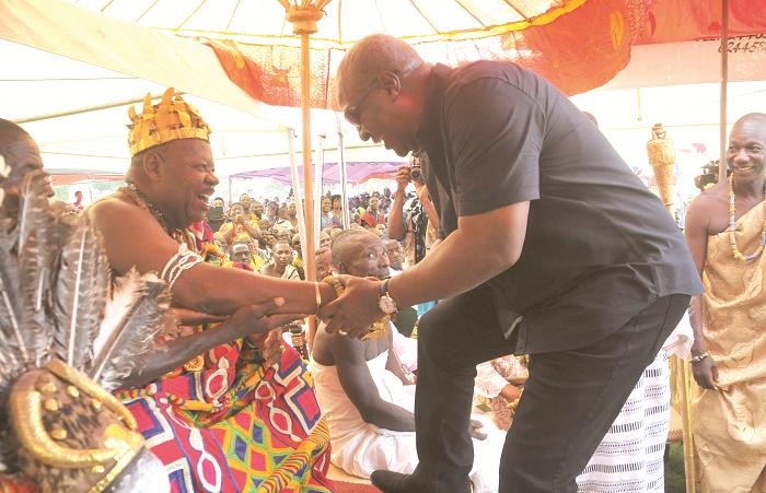 President Mahama being welcomed to the durbar by Nene Sakite II, Kronor of the Manya Krobo Traditional Area. Picture: EBOW HANSON President Mahama being welcomed to the durbar by Nene Sakite II, Kronor of the Manya Krobo Traditional Area. Picture: EBOW HANSON